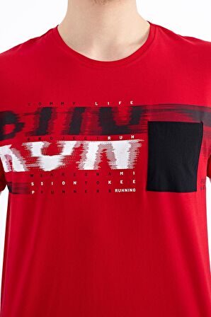 Kırmızı Ön Cep Detaylı Baskılı Standart Kalıp Erkek T-Shirt - 88200 | M