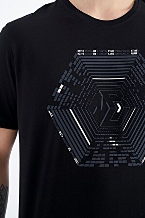 Siyah Desen Baskılı Standart Kalıp Erkek T-Shirt - 88231 | S
