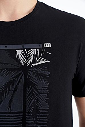 Siyah Slogan Baskılı O Yaka Standart Kalıp Erkek T-Shirt - 88190 | M