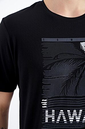 Siyah Slogan Baskılı O Yaka Standart Kalıp Erkek T-Shirt - 88190 | M