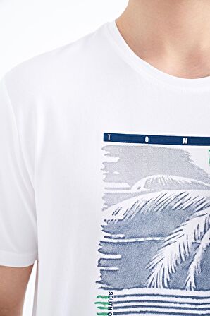 Beyaz Slogan Baskılı O Yaka Standart Kalıp Erkek T-Shirt - 88190 | S