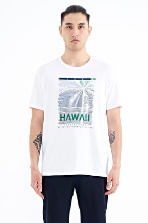 Beyaz Slogan Baskılı O Yaka Standart Kalıp Erkek T-Shirt - 88190 | XXL