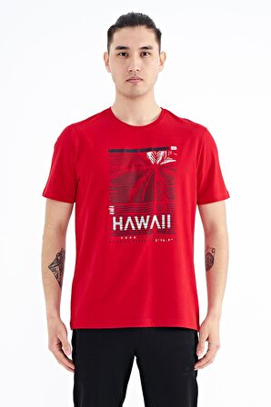 Kırmızı Slogan Baskılı O Yaka Standart Kalıp Erkek T-Shirt - 88190 | S