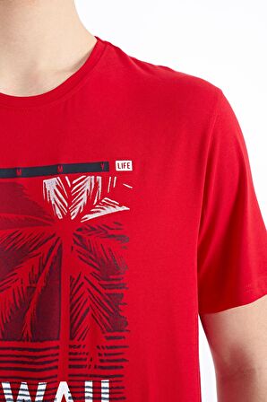 Kırmızı Slogan Baskılı O Yaka Standart Kalıp Erkek T-Shirt - 88190 | S