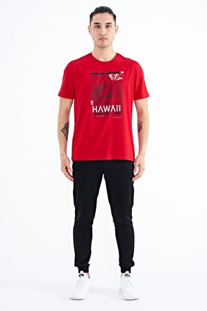Kırmızı Slogan Baskılı O Yaka Standart Kalıp Erkek T-Shirt - 88190 | S
