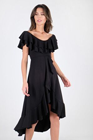 Harden Volanlı  Uzun Abiye Elbise