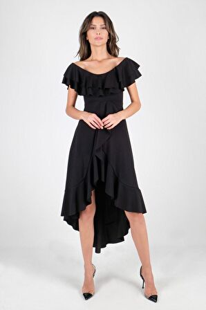 Harden Volanlı  Uzun Abiye Elbise