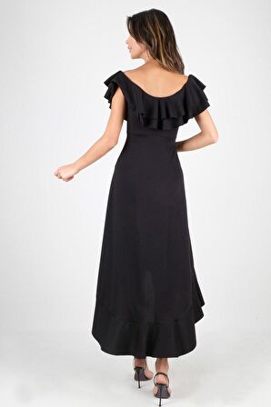 Harden Volanlı  Uzun Abiye Elbise