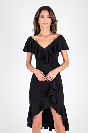 Gaya Yaka Etek Volanl Uzun Abiye Elbise