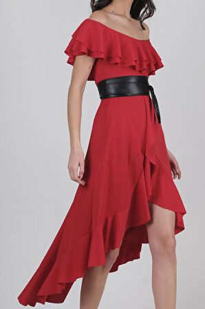 Harden Volanlı  Uzun Abiye Elbise