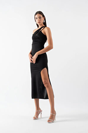 Naomi Tek Kol Yırtmaçlı Uzun Abiye Elbise SİYAH