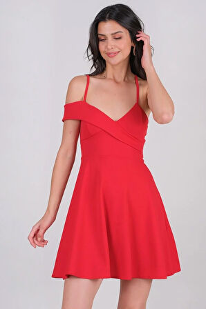 Bambina İnce Askılı Kloş Kısa Abiye Elbise KIRMIZI