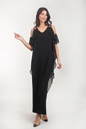 Angelinda Omuzları Taş Askılı Abiye Tulum SİYAH