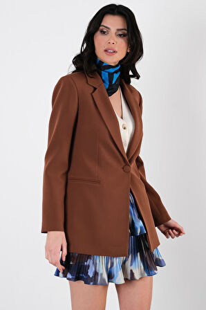 Tetterina Tek Düğme Leopar Astarlı Ceket KAHVE