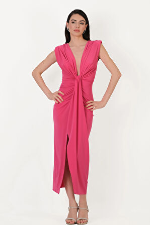 Onisto Omuz Pileli Önü Derin V Uzun Abiye Elbise FUŞYA