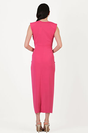 Onisto Omuz Pileli Önü Derin V Uzun Abiye Elbise FUŞYA