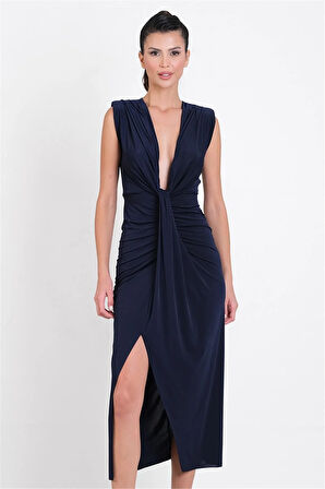 Onisto Omuz Pileli Önü Derin V Uzun Abiye Elbise LACİVERT