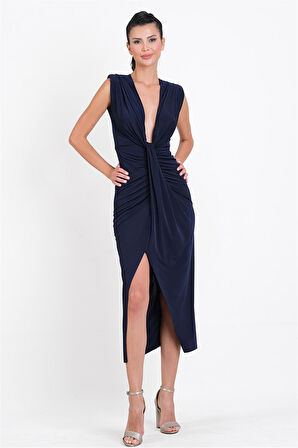 Onisto Omuz Pileli Önü Derin V Uzun Abiye Elbise LACİVERT