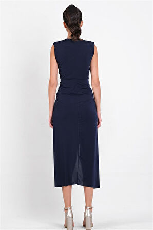 Onisto Omuz Pileli Önü Derin V Uzun Abiye Elbise LACİVERT