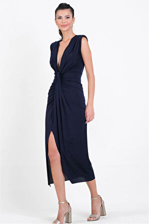 Onisto Omuz Pileli Önü Derin V Uzun Abiye Elbise LACİVERT
