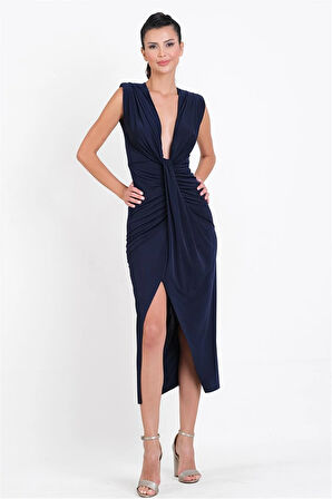 Onisto Omuz Pileli Önü Derin V Uzun Abiye Elbise LACİVERT