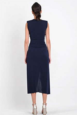 Onisto Omuz Pileli Önü Derin V Uzun Abiye Elbise LACİVERT