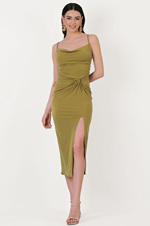 Perabo Degaje Yaka Bel Düğümlü Yırtmaçlı Uzun Abiye Elbise YAĞ YEŞİLİ
