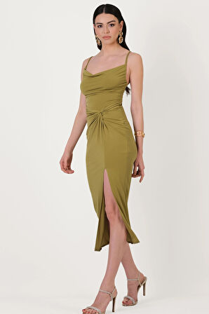 Perabo Degaje Yaka Bel Düğümlü Yırtmaçlı Uzun Abiye Elbise YAĞ YEŞİLİ