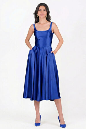 Nema Sırtı Çapraz Bağlamalı U Yaka Midi Abiye Elbise SAKS