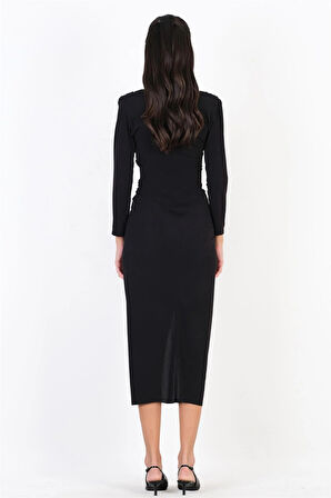 Perkins Omuz Pileli Önü Derin V Uzun Abiye Elbise SİYAH