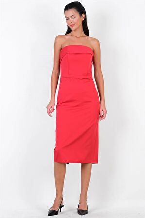 Dominczy Straplez Yaka Elbise KIRMIZI