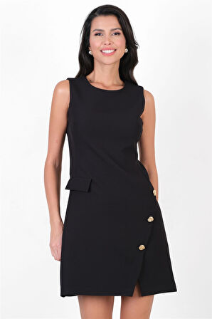 Oreglio Yuvarlak Yaka Düğme Detaylı Elbise SİYAH