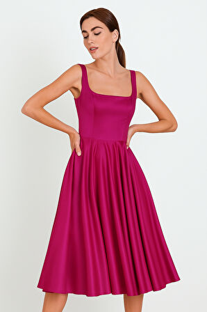 Nema Sırtı Çapraz Bağlamalı U Yaka Midi Abiye Elbise FUŞYA