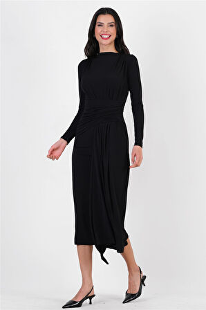 Cristiana Yakasız Beli Drapeli Uzun Abiye Elbise SİYAH