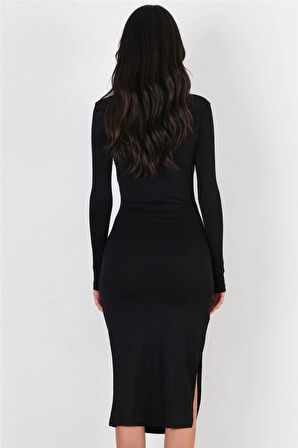 Nicolo Beli Tül Göğüs Omuz Büzgülü Yırtmaçlı Abiye Uzun Elbise SİYAH