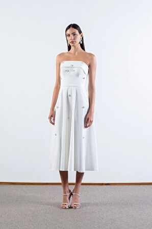 Peltz Straplez Yaka Kloş Taş İşleme Detaylı Kısa Abiye Elbise EKRU