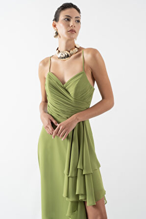 Recoing  Kuruvaze Drapeli İnce Askılı Yanı Volanlı Yırtmaçlı Uzun Abiye Elbise YEŞİL