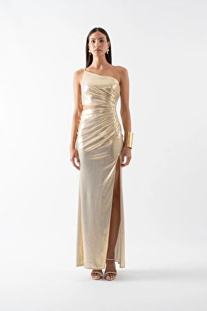 Pailhas İnce Tek Askılı Beli Açık Uzun Abiye Elbise GOLD