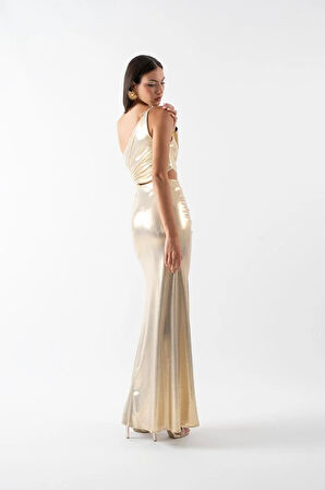 Pailhas İnce Tek Askılı Beli Açık Uzun Abiye Elbise GOLD