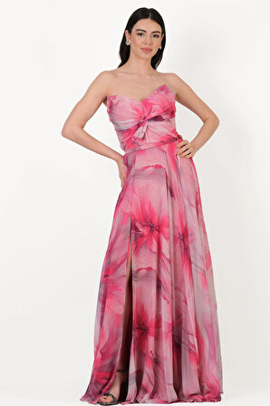 Randone Kedi Kulağı Straplez Önü Düğimlü Yırtmaçlı Uzun Abiye Elbise FUŞYA