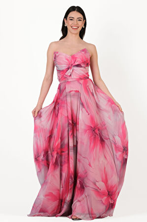 Randone Kedi Kulağı Straplez Önü Düğimlü Yırtmaçlı Uzun Abiye Elbise FUŞYA