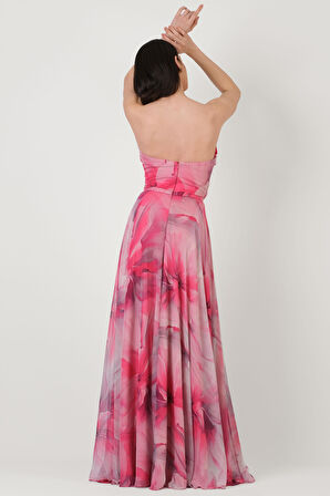 Randone Kedi Kulağı Straplez Önü Düğimlü Yırtmaçlı Uzun Abiye Elbise FUŞYA