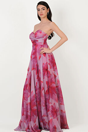 Espinosaı Kalp Yaka Straplez Uzun Abiye Elbise FUŞYA