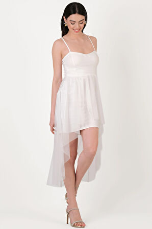 Darianna Kalp Yaka Askılı Önü Kısa Arkası Uzun Kısa Abiye Elbise BEYAZ