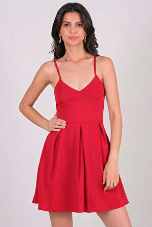 Cavazos İnce Askılı V Yaka Kısa Abiye Elbise KIRMIZI