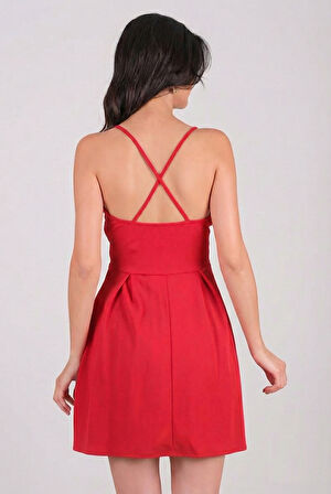 Cavazos İnce Askılı V Yaka Kısa Abiye Elbise KIRMIZI