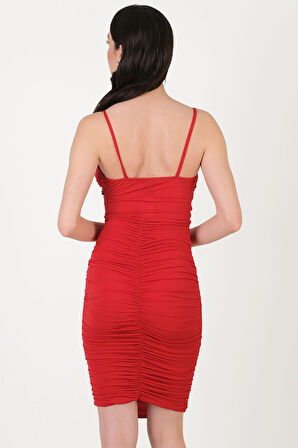 İneldeı İnce Askılı Kruvaze Yanları Büzgülü Midi Abiye Elbise KIRMIZI