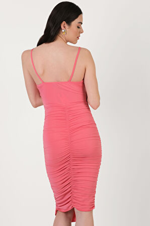 İneldeı İnce Askılı Kruvaze Yanları Büzgülü Midi Abiye Elbise PEMBE