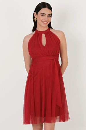Narcisio Damla Yaka Kloş Kısa Abiye Elbise KIRMIZI