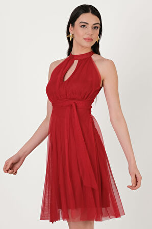 Narcisio Damla Yaka Kloş Kısa Abiye Elbise KIRMIZI